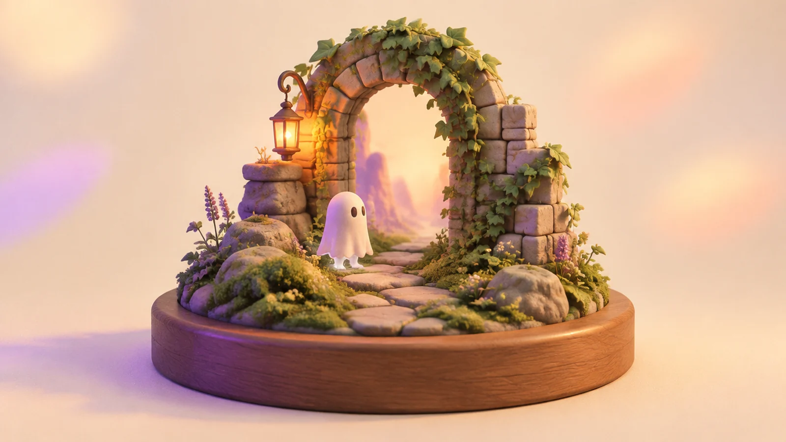 A ghostly chef beneath a mossy stone archway in a small diorama scene