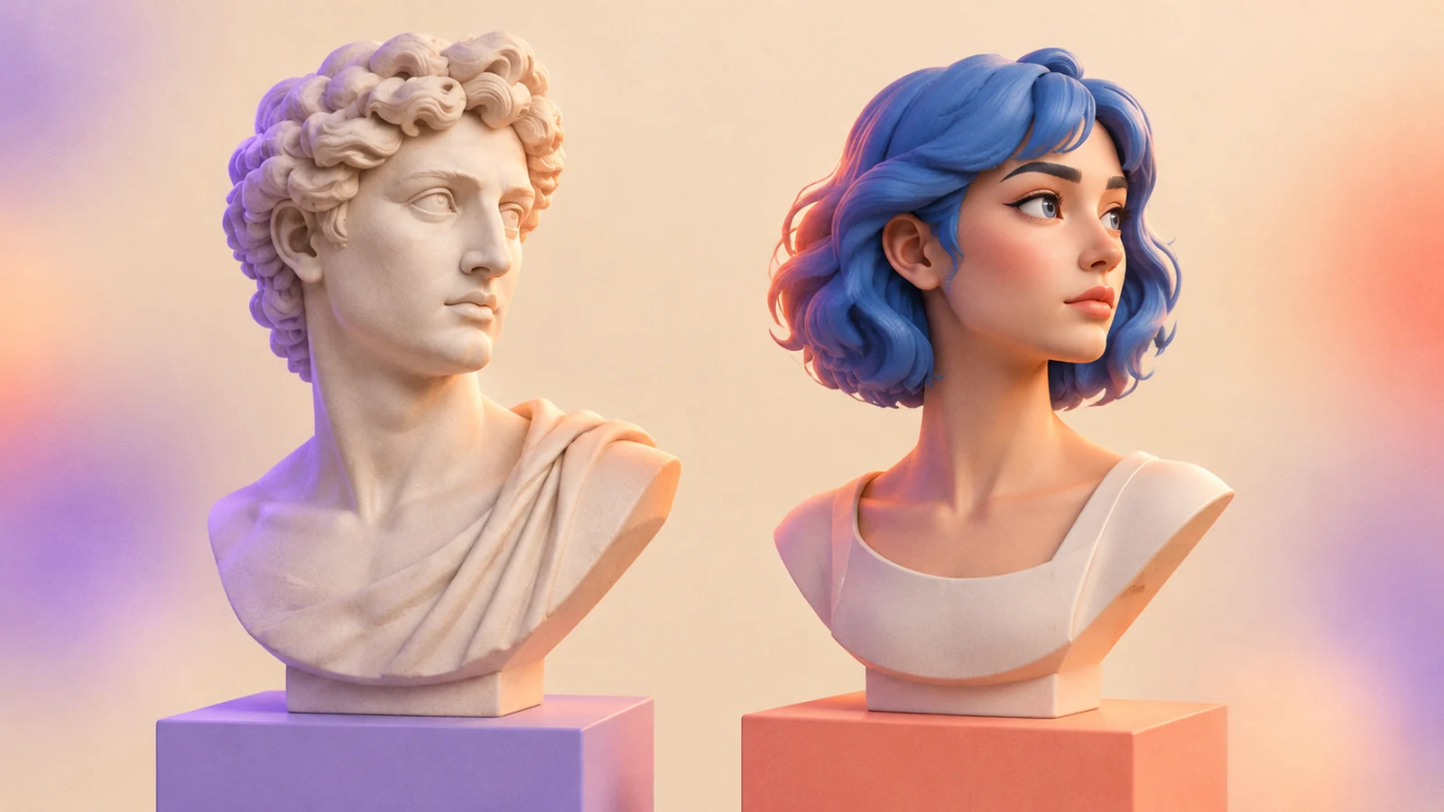 A Medusa bust beside a blue-haired head study