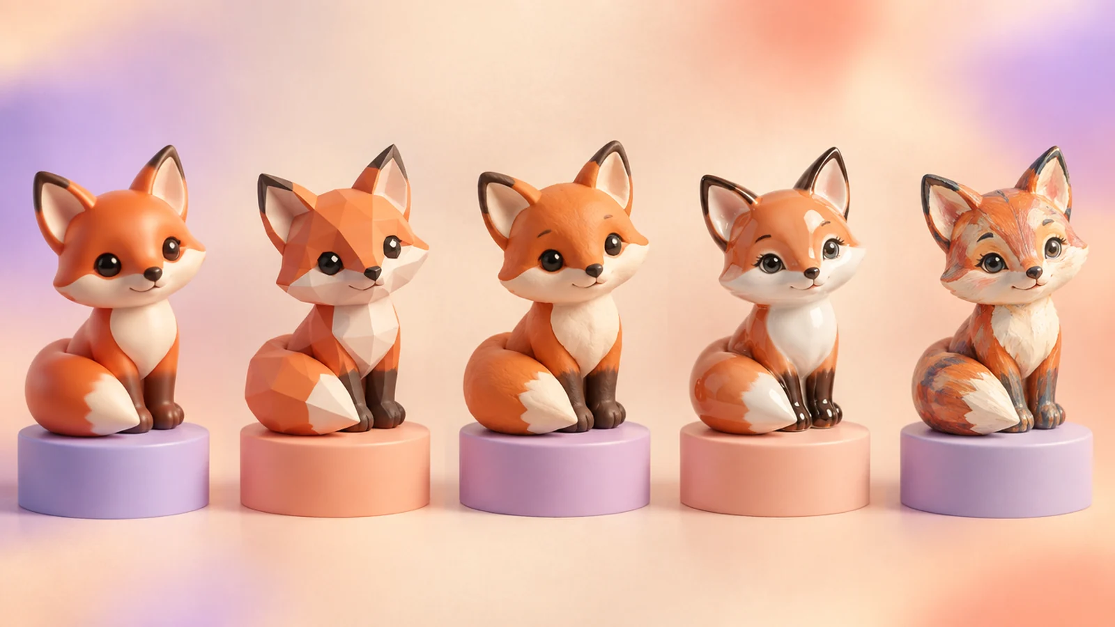 Stylised models side by side: a fantasy fox, a princess doll and a French bulldog