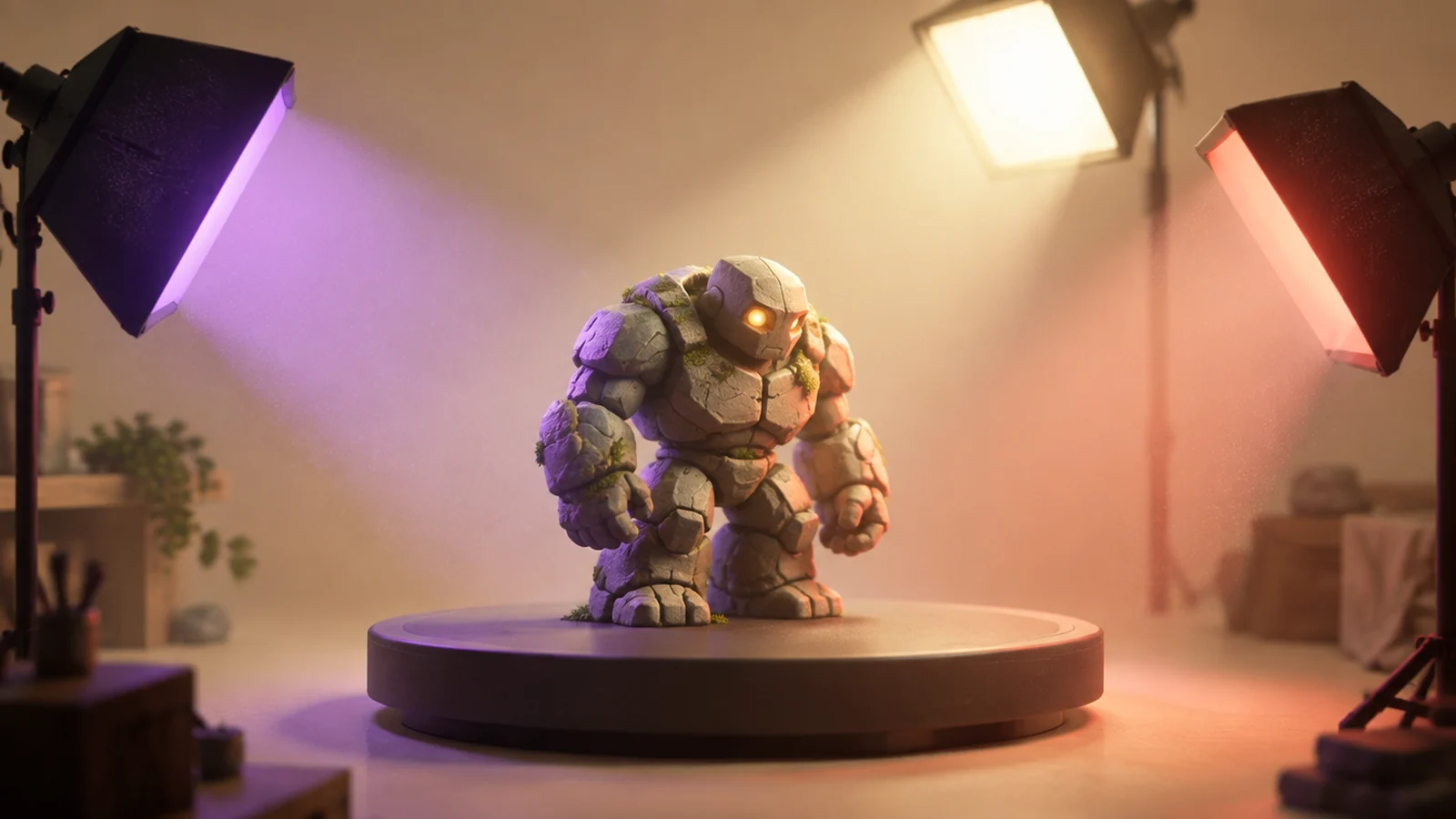 A stone golem and a belly dancer lit with warm and cool studio light