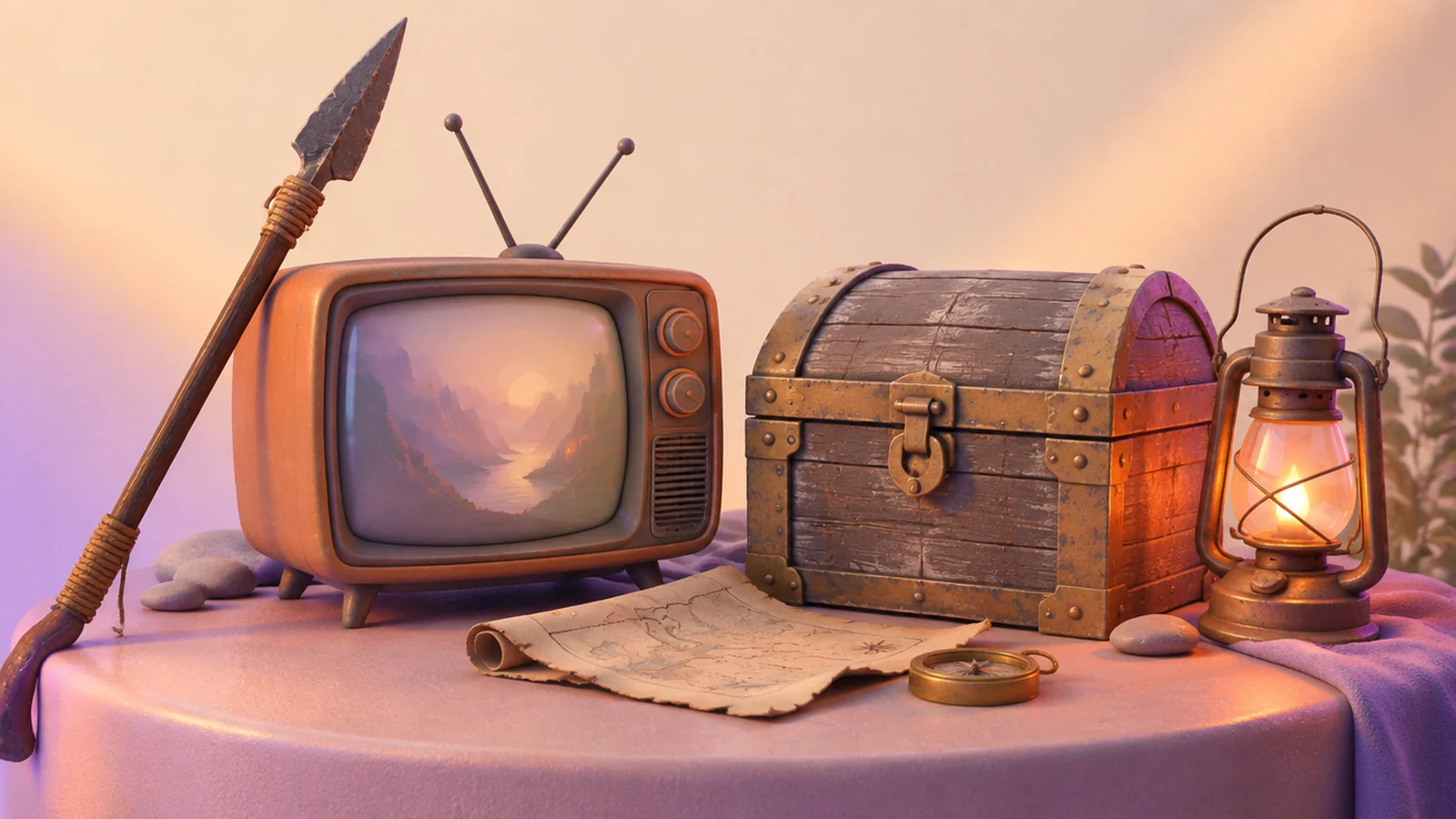 A blood-red spear, a retro television and a mimic rag as story props